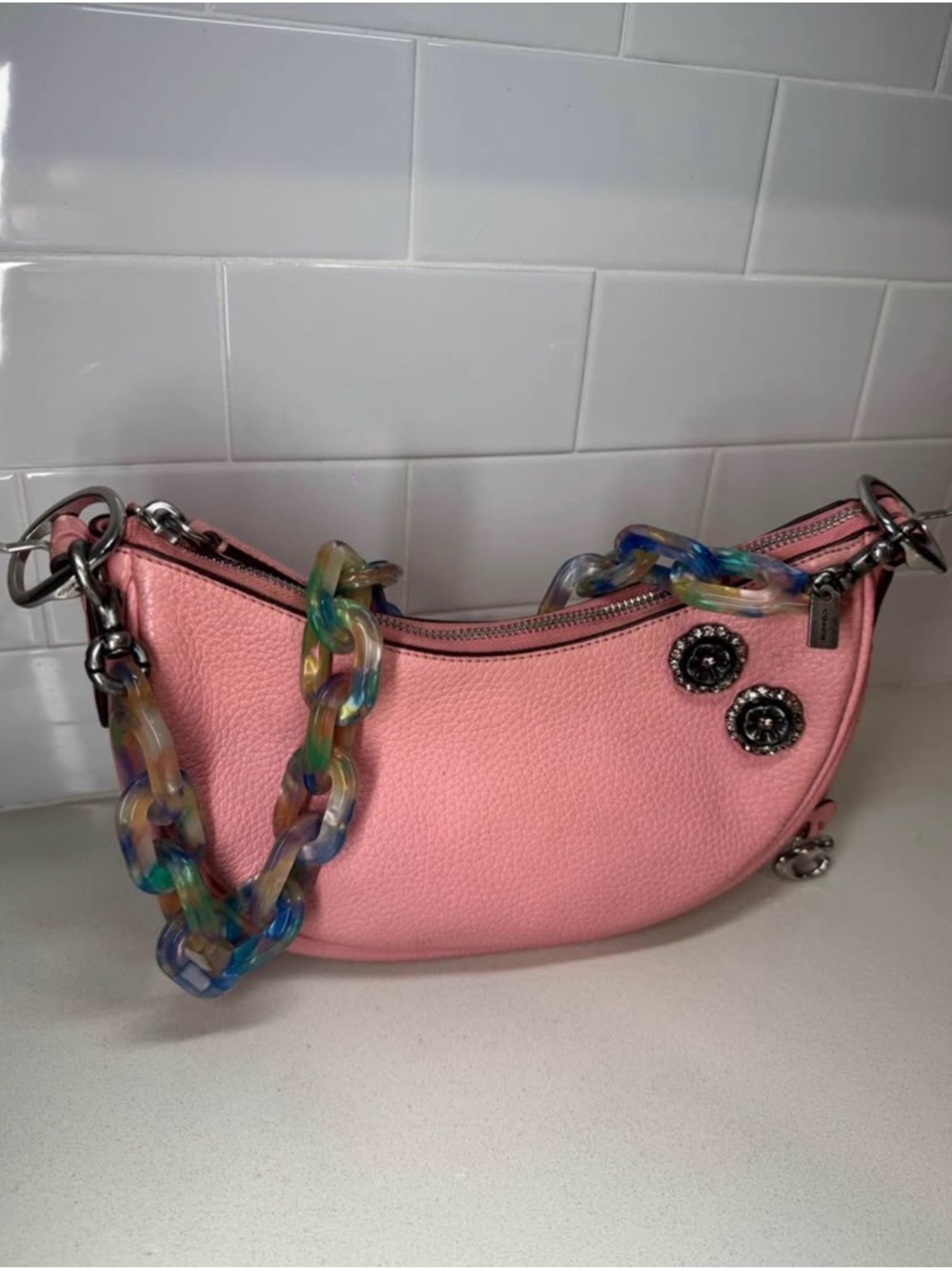 Pink Women’s Shoulder Bag with Multicolor Chain